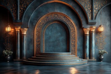 Ornate Arched Hallway with Intricate Patterns and Wall Sconces on Blue Background