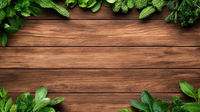 Local foods gardening idea. Fresh herbs arranged on a rustic wooden table for culinary inspiration.