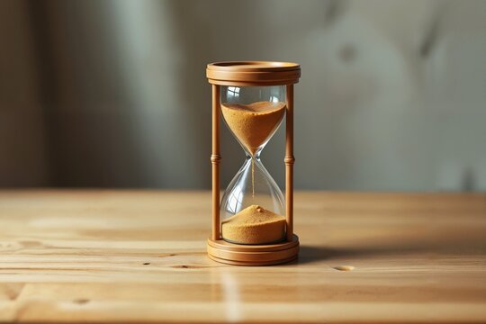 Eine antike Sanduhr mit goldenem Sand steht auf einem glatten Holztisch und symbolisiert Verg&auml;nglichkeit und den stetigen Fluss der Zeit. Mit weich verschwommenem Hintergrund in neutralen T&ouml;nen.