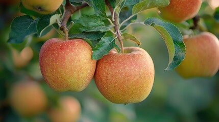 Organic produce gardening concept. Fresh apples hanging from a lush green apple tree branch in a sunny orchard.
