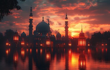 Silhouette of Mosque with Reflective Water Against Vibrant Sunset

