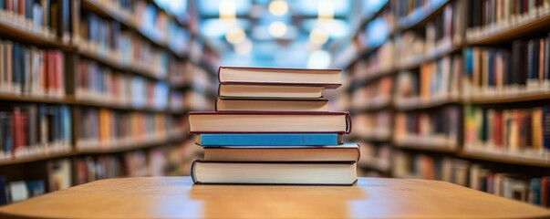 Stack of books on wooden table in library aisle, shelves out of focus