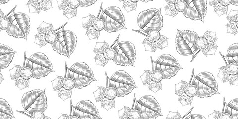 Seamless pattern with branches with hazelnuts and leaves. Sketch style whole hazelnuts. Black and white vintage background with nuts