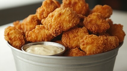 A bucket filled with crispy fried chicken pieces accompanied by a dipping sauce.