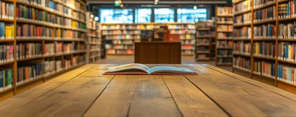 Obraz premium Open book in focus on wooden table surrounded by bookshelves in library reading area