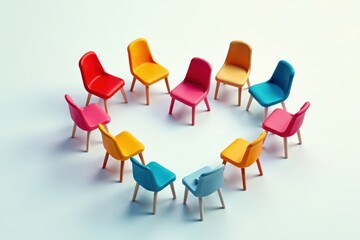 Numerous chairs forming a heart, clean lines, flat design, graphic, simple