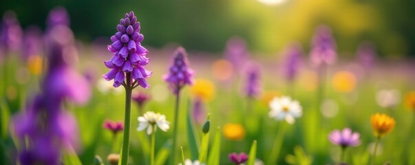 Obraz premium Purple Fritillaria flowers blooming in a field with other wildflowers, colorful fields, ornamental gardens, fritillaria