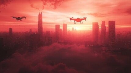 Fototapeta premium Crimson Hued Sunrise Over Cityscape with Drones in the Sky