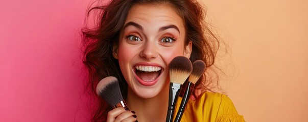 Young caucasian female excited with makeup brushes against colorful background