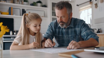 Obraz premium Father and daughter working on math homework together at the kitchen table. AI generated