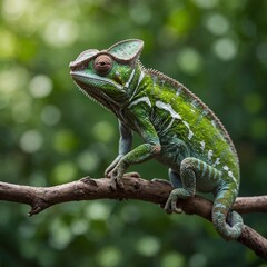 Obraz premium A chameleon on a branch, side-view, full-body, with a blurred green background.