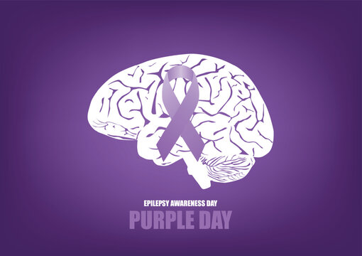 Purple day for epilepsy awareness concept. Silhouette of person human brain intertwined with a purple ribbon