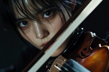 Cinematic portrait of a passionate musician performing on a violin, dramatic lighting emphasizing emotion and artistry in a vibrant setting.