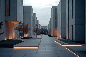 Fototapeta premium A minimalist urban plaza surrounded by smooth concrete facades, soft lights, and serene paths