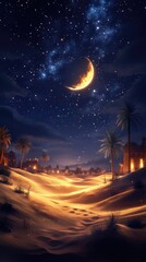 Naklejka premium Glowing Crescent Moon Over Desert Village at Night