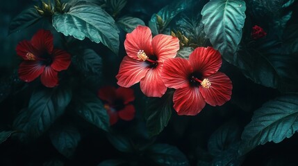 Naklejka premium Macro shot of red hibiscus flowers.