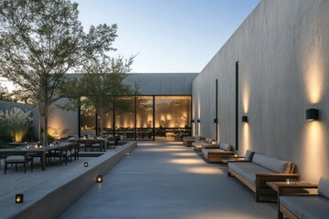 A minimalist venue blending smooth concrete walls, soft lighting, and a serene outdoor space