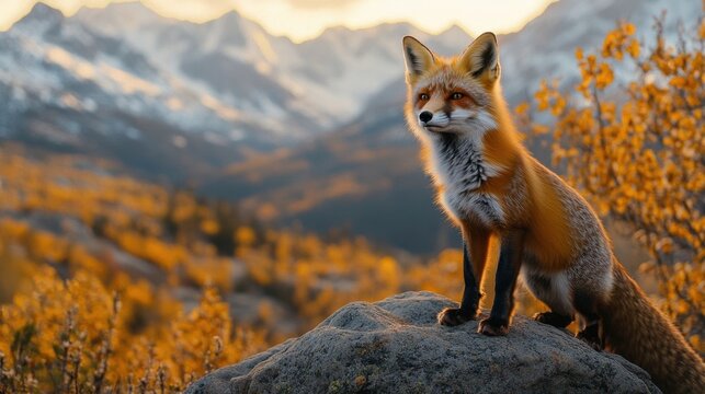 A red fox stands majestically on a rock.