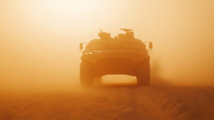 Fototapeta premium Dust Storm with Armored Vehicle in Gusty Winds and Blowing Dust