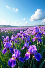 Purple irises stretch towards the clear blue sky, field, blooming, purple flowers