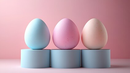 Fototapeta premium Easter eggs podium for product presentation, happy easter day concept, minimal scene with pedestal and egg, Easter day with geometry platform for product,