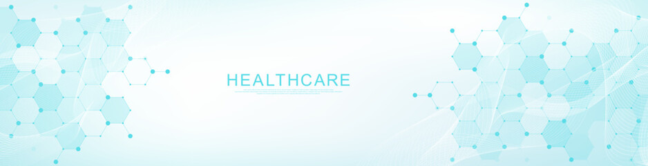 Modern health care or medical background design. Health care innovation concept. Horizontal header web banner. Abstract geometric background with hexagon shapes for medicine, science, chemistry.