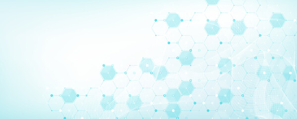 Molecular abstract structure and genetic engineering DNA. Healthcare and medicine background concept. Scientific research background. Wave flow. Innovation pattern. Vector illustration.