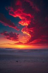 Fototapeta premium Serene Desert Under a Deep Red Sunset with Soft Evening Clouds Wallpaper Art 