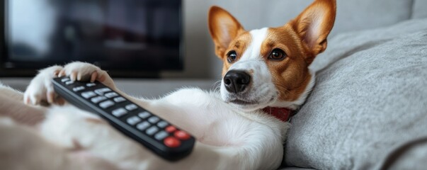 Relaxed dog watching tv on couch holding remote control