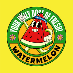 Happy Watermelon Tropical Summer Vibes Cartoon Character in Retro Vintage Style