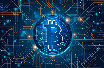 Obraz premium Cyfrowy Bitcoin na tle technologicznej sieci blockchain.