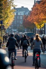 A bike lane filled with commuters in a bustling city