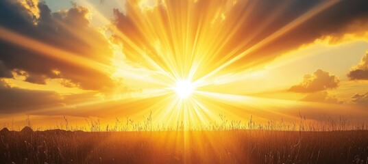 Fototapeta premium Golden Sunset Over Meadow, Tranquil Landscape With Sun And Clouds, Dramatic Sky, Nature Background