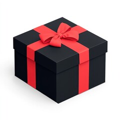 Obraz premium Elegantly Wrapped Black Gift Box With Red Ribbon and Bow for Special Occasions Isolated on White. Perfect for holidays, birthdays, and festive gifting. Represents elegance, surprise, and thoughtfulnes