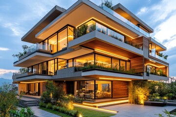 Obraz premium A modern apartment block with layered terraces, wooden accents, and ambient entry lighting