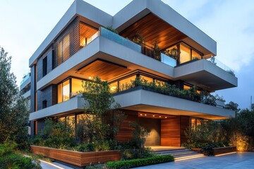 Obraz premium A modern apartment block with layered terraces, wooden accents, and ambient entry lighting