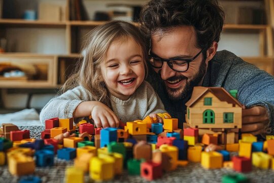 A joyful father and daughter building together with colorful blocks and a toy house.