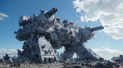 Obraz premium Towering Mechanical Structure with Defenses in a Wasteland Landscape