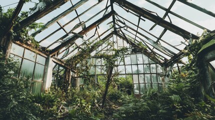 Obraz premium Ruined Greenhouse with Shattered Glass and Overgrown Plants