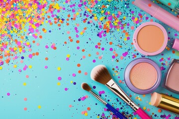 Vibrant makeup products flat lay display modern studio beauty ads composition colorful environment aesthetic viewpoint creative concept for engaging visuals