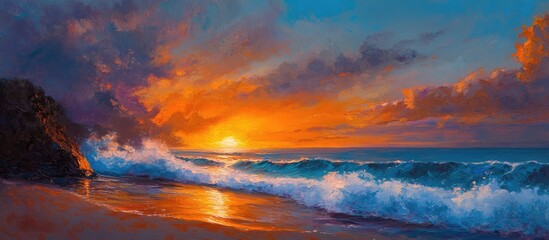 Obraz premium Vibrant orange and blue sunset reflecting on sandy shoreline with crashing waves under a dramatic evening sky enhanced by warm hues
