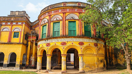 Intricate terracotta carving depicting Arjuna aiming at the fish eye during Draupadi's swayamvar, Radha Damodar Temple, Hadal Narayanpur, Bankura, West Bengal, India.