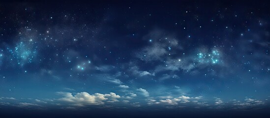 Panoramic night sky with vibrant blue and deep navy hues, featuring star-filled clouds and distant celestial bodies in long exposure style.