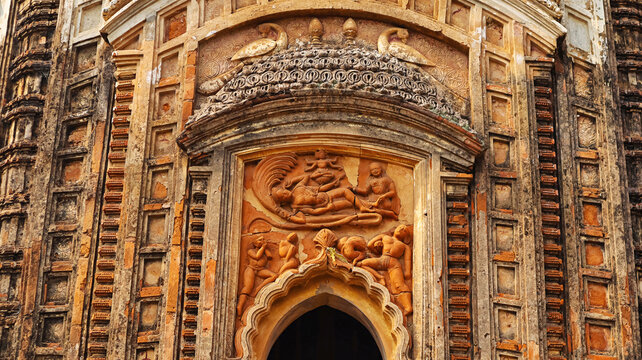 Beautiful terracotta Radha Damodara Temple, a 17th-century temple dedicated to Lord Krishna, Hadal Narayanpur, Bankura, West Bengal, India.