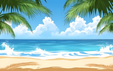Fototapeta premium Stunning Tropical Beach Scene, Palm Trees, Ocean Waves, and Sunny Sky
