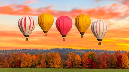 Fototapeta premium Colorful hot air balloons floating above vibrant autumn landscape at sunset, creating whimsical and imaginative scene filled with warm hues and natural beauty