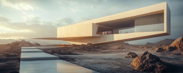 Modern minimalist concrete house in desert landscape at sunset