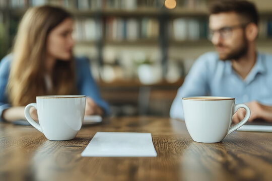 Two white coffee cups on a wooden table with a blurred background of two people engaged in conversation in a cozy, book-filled setting.