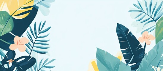 Tropical floral frame featuring vibrant green leaves and soft peach flowers on a light blue background, creating a fresh and inviting atmosphere.
