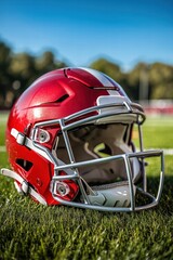Fototapeta premium A vibrant red football helmet resting on grass, showcasing sporty design and essential safety features for athletes.